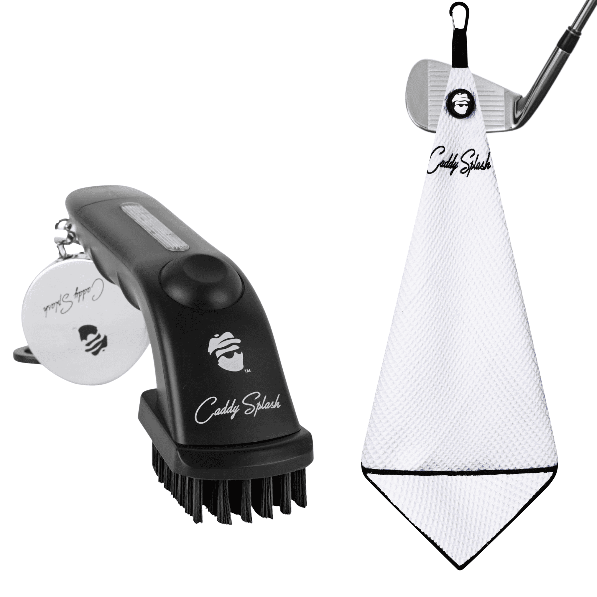 Golf Pocket Mag Towel - White + Golf Club Water Brush Pro Bundle
