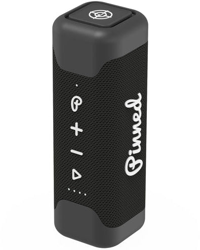 Black portable speaker with brand logo on a white background