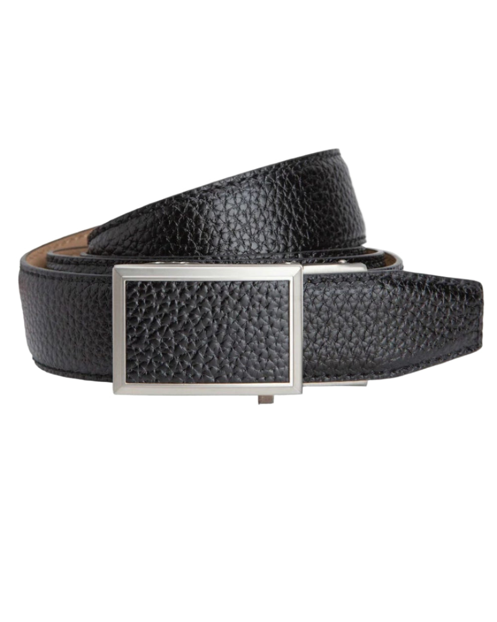 Black textured belt with a silver buckle