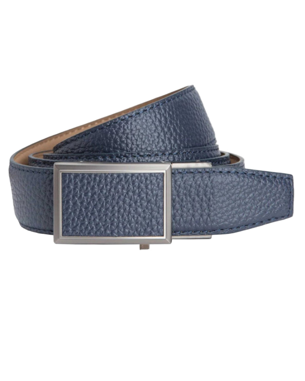 Blue textured belt with a silver buckle