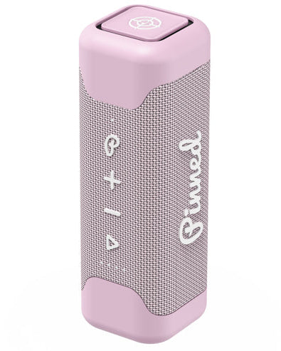 Pink and gray portable speaker with brand logo on a white background