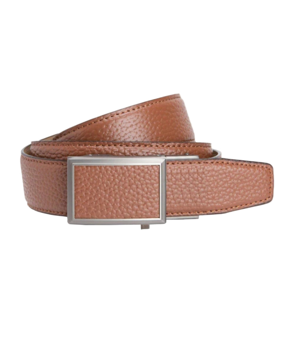 Brown leather belt with a silver buckle