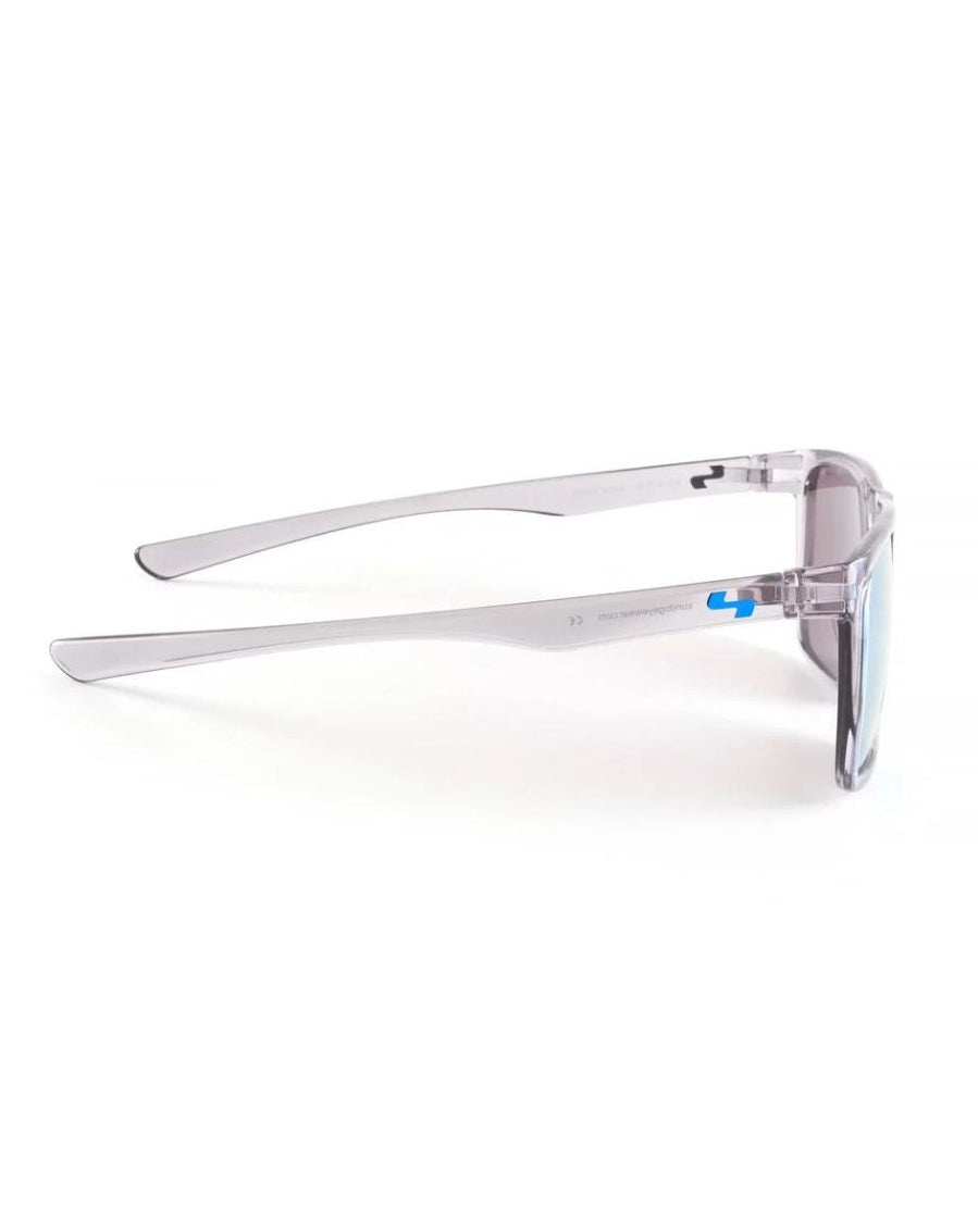 Sunglasses with a blue label on a white background