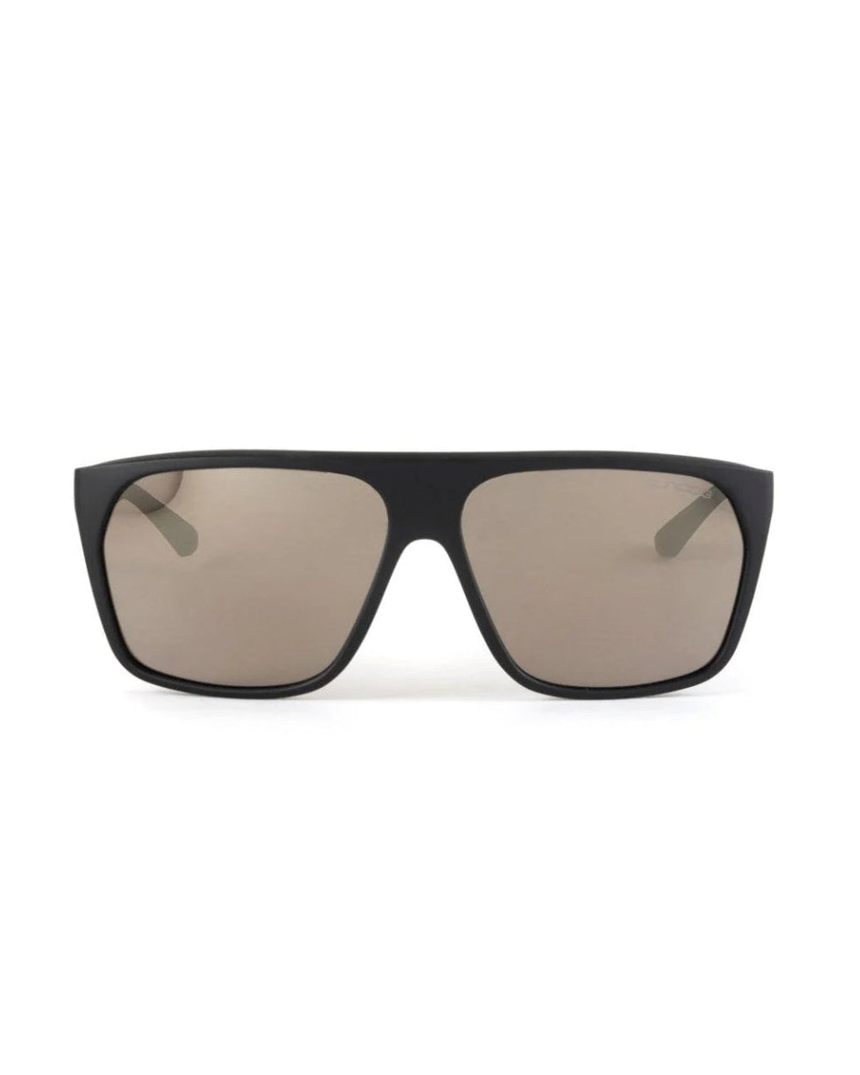 Black sunglasses with reflective lenses on a white background
