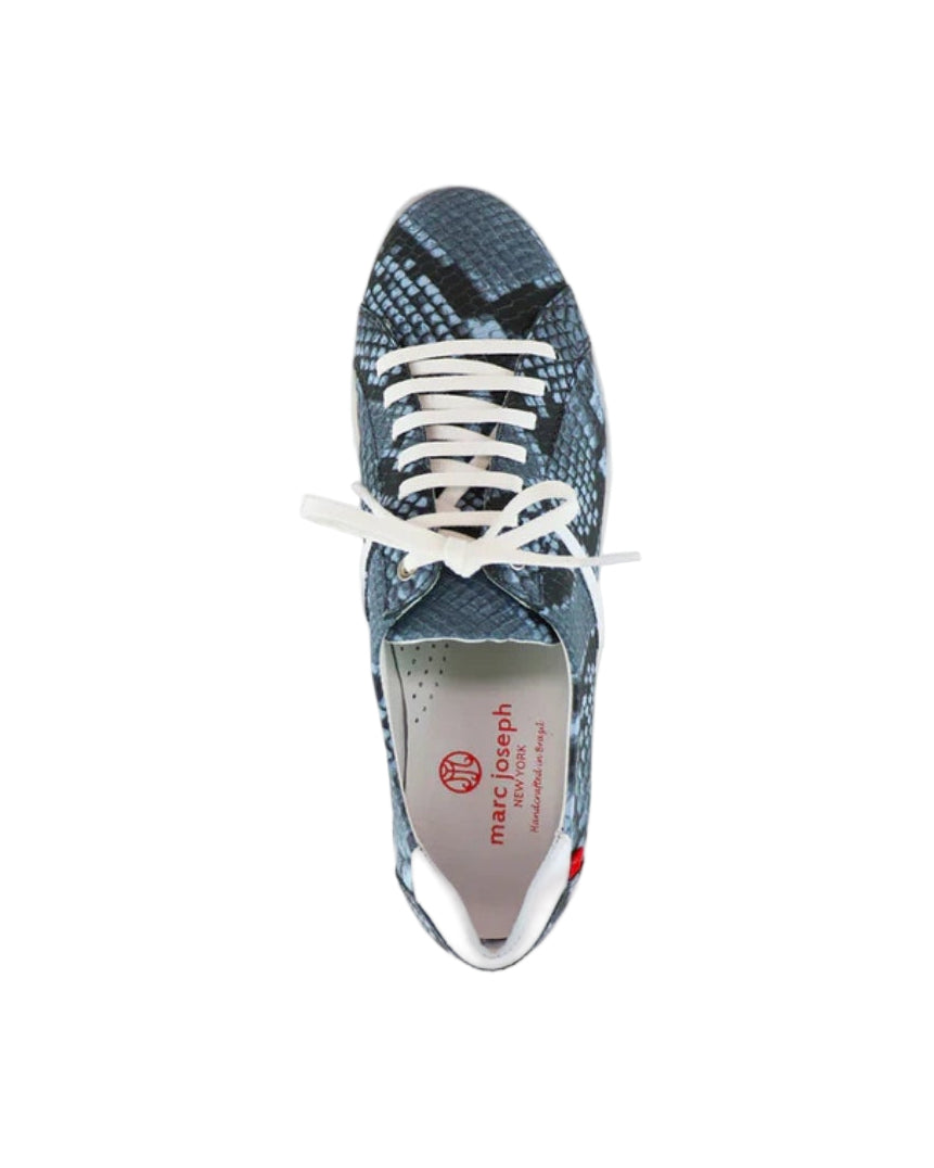 Blue checkered shoe with white laces on a white background