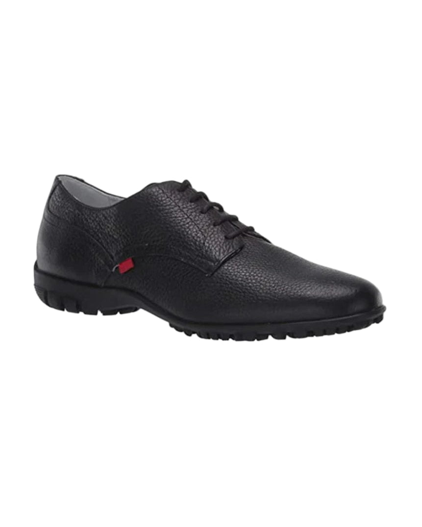 Black shoe with a red logo on a white background