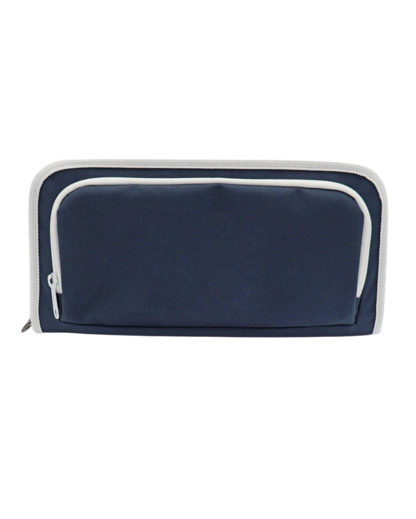 Navy blue pouch with a white zipper on a white background