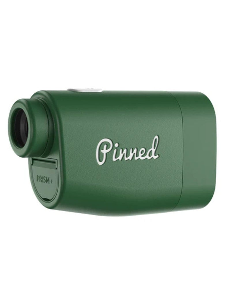 Green laser rangefinder with 'Pinned' branding on a white background