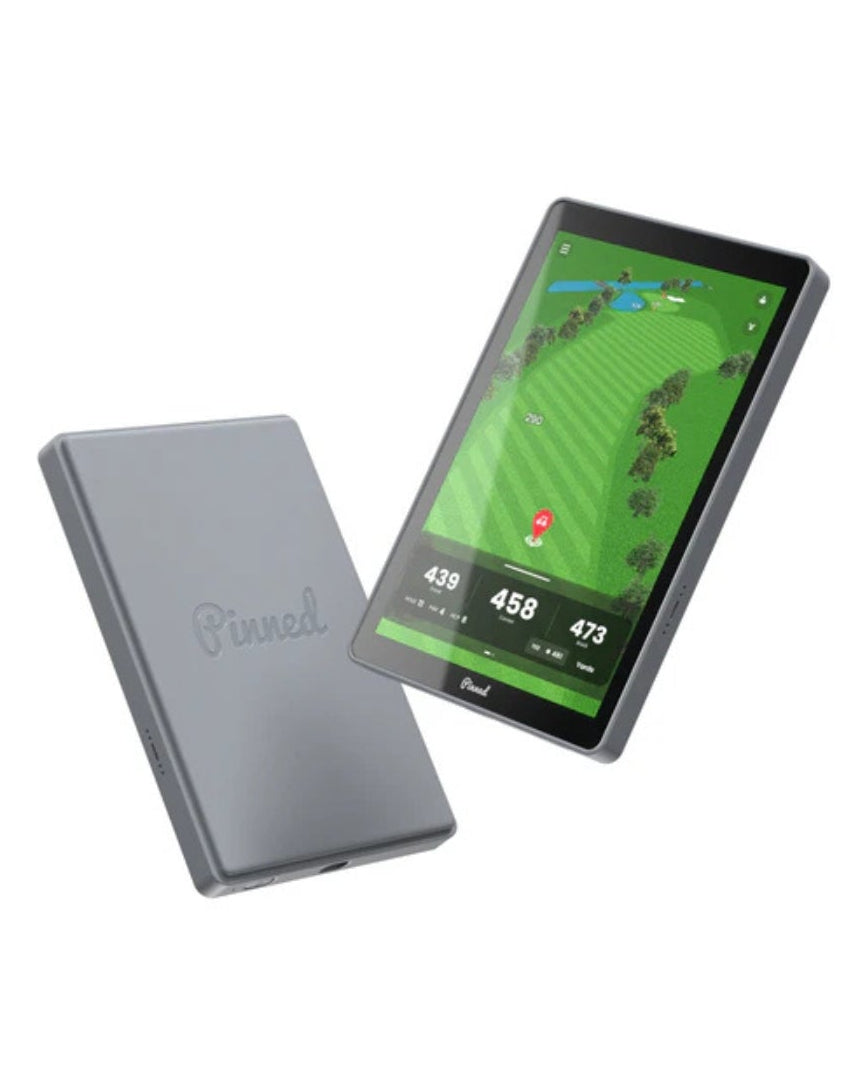 Golf rangefinder with screen displaying a golf course layout on a white background