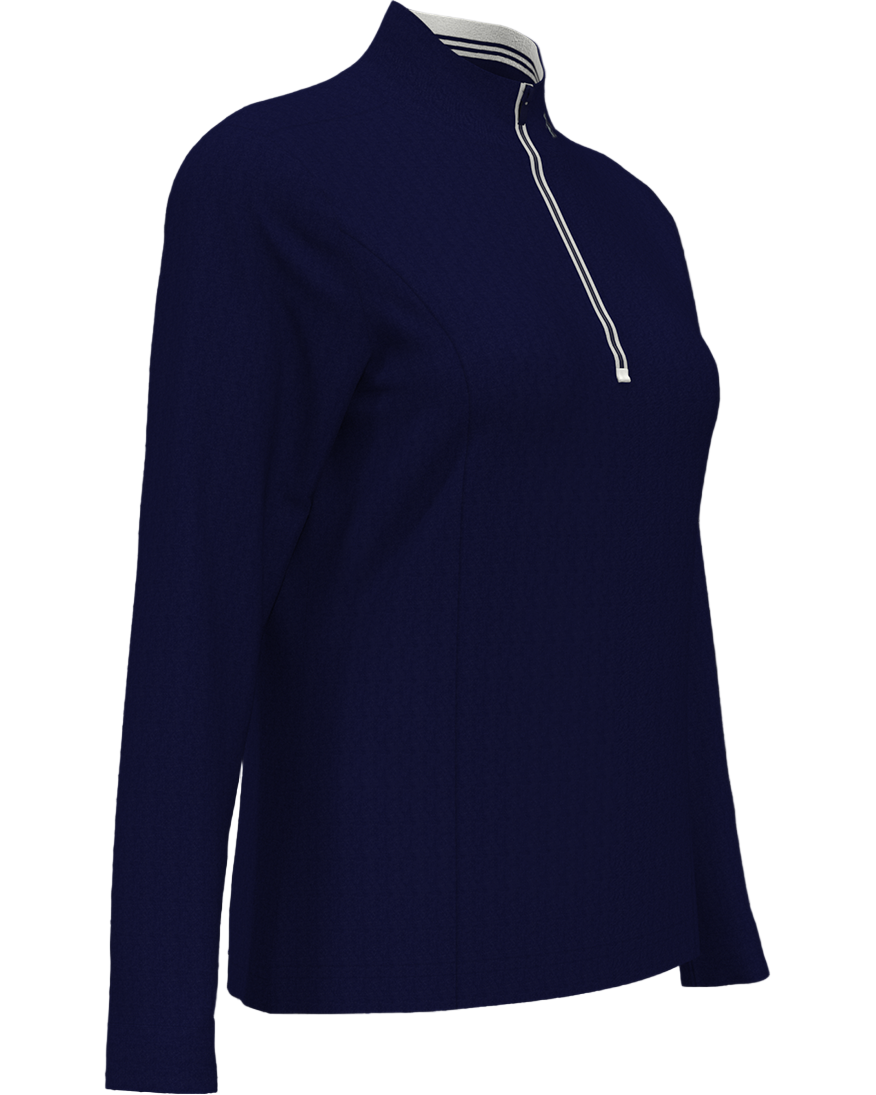 Navy blue long-sleeve shirt with a white zipper