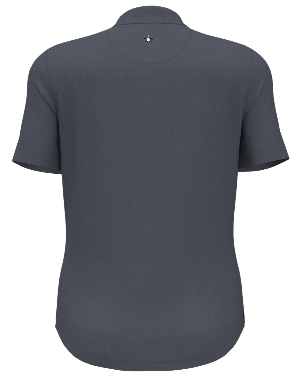 Back view of a dark gray polo shirt