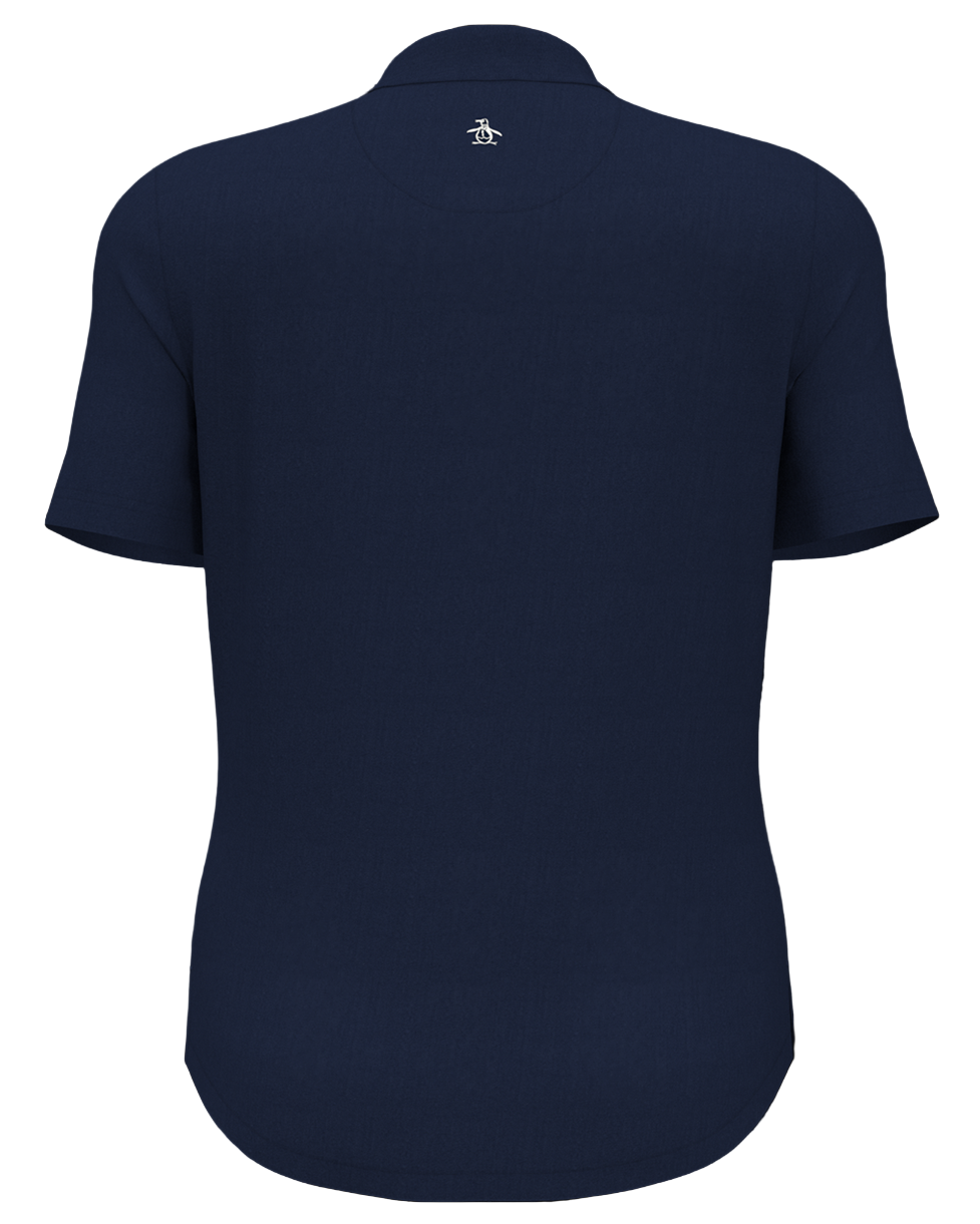 Navy blue polo shirt with a brand logo