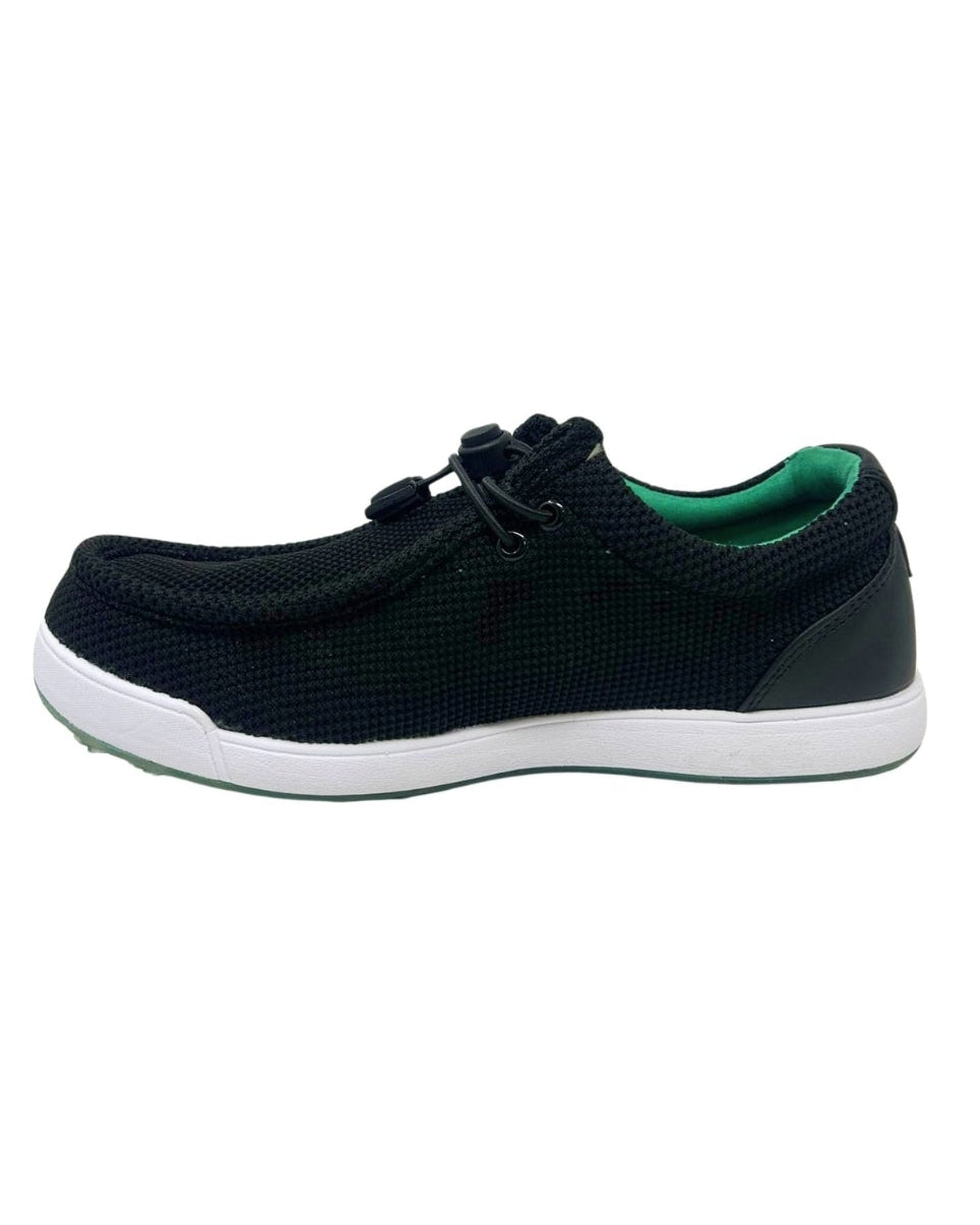 Black sneaker with green lining on a white background