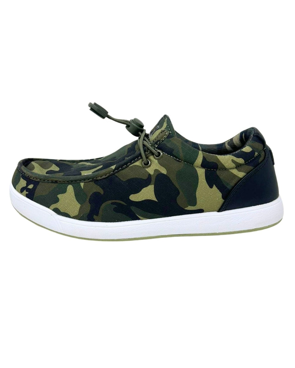 Camouflage-patterned shoe on a white background