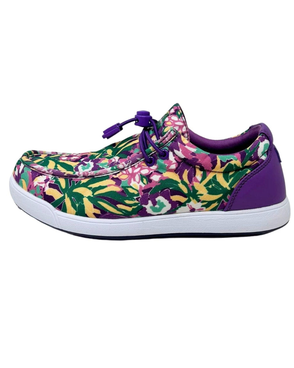Floral-patterned sneaker with purple accents on a white background
