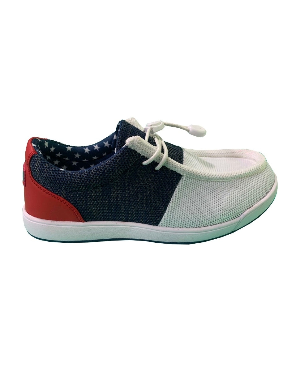 Sneaker with navy blue, red, and white design on a white background